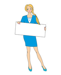 A leggy girl in a business blue suit is holding a blank white promo poster that will feature your special offer.