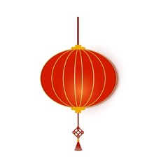 Obraz premium Red Chinese traditional circle paper lantern. Chinese New Year lantern round shape. Paper art stile asian decoration. Isolated on white background. Vector card illustration