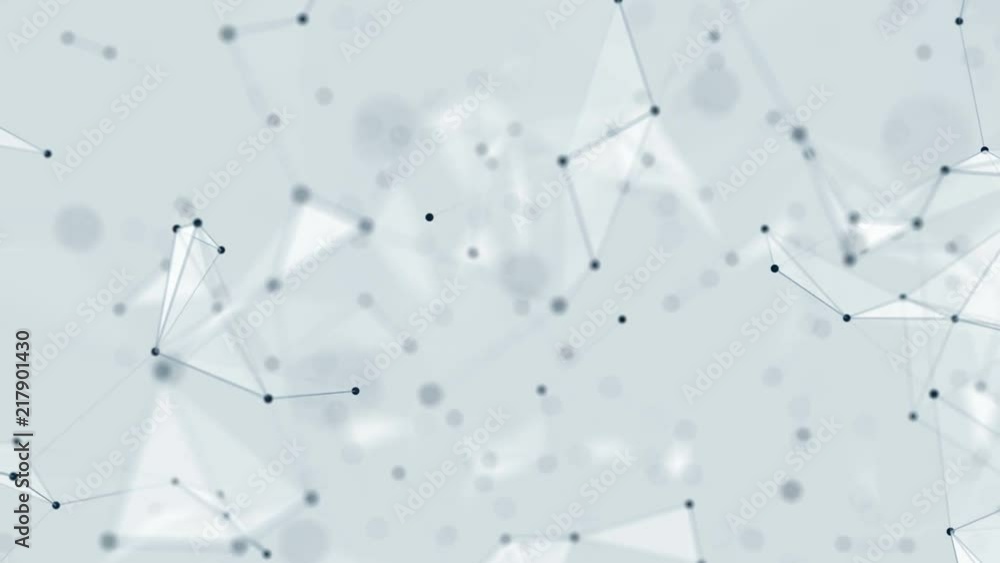 Poster Movement of particles. Depth of field. Transforming structure. Blue facets. Melting triangles. Blue dots. Blue triangles.Plexus abstract network white technology science background loop