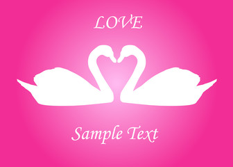 Wedding card with sample text. Romantic pink background with white swans.