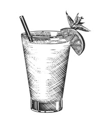 Vector engraved style illustration for posters, decoration and print. Hand drawn sketch of tequila shot cocktail, monochrome isolated on white background. Detailed vintage woodcut style