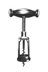 Vector engraved style illustration for posters, decoration and print. Hand drawn sketch of wine corkscrew with a splash, monochrome isolated on white background. Detailed vintage woodcut style