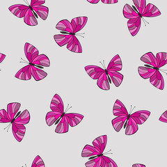 Fototapeta na wymiar Seamless pattern with pink butterflies on pastel grey background. Hand drawn vector illustration.