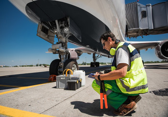 Time for paperwork. Serene man in sunglasses squatting near passenger plane. He is writing on...