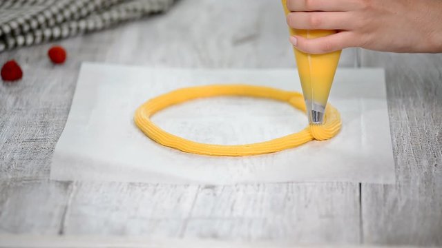 Eclair rings baking process. Making Paris Brest.