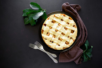 Fresh baked classic American apple pie on dark wooden background. Top view. Copy space