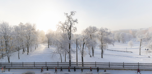Yusupovsky Park in the early frosty morning in the sun