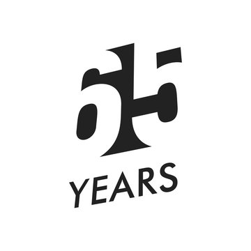 Sixty five years vector emblem template. Anniversary symbol, negative space design. Jubilee black color icon. Happy 65th birthday, abstract illustration.