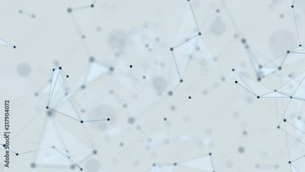 Poster gray background. depth of field. transforming structure. blue facets. melting triangles. blue dots. 