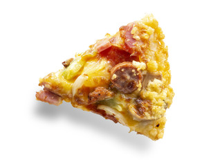 Pieces of pizza isolated on a white background, top view shoot