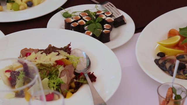 Catering for holiday celebration. Close up view of plates full of different healthy appetizers: sliced meat, fish and sushi rolls. Real time full hd video footage.