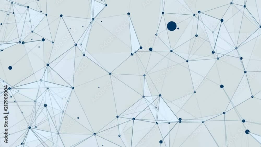 Poster gray background. transforming structure. blue facets. melting triangles. blue dots. blue triangles.p