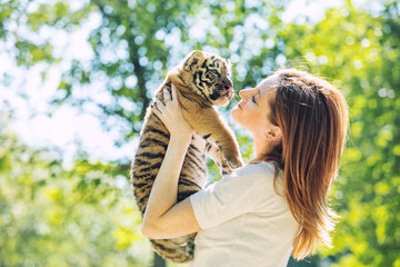 Little baby tiger cub with a woman who takes care of and hugs him in her arms