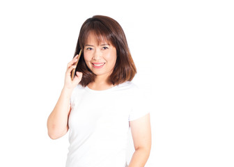 Asian adult woman using smart phone. Smiling and looking camera. Portrait on white isolate background.