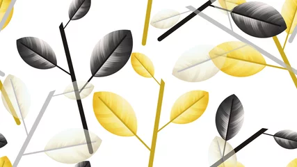 Poster Seamless pattern, black, yellow and white leaves with branch on white background © momosama
