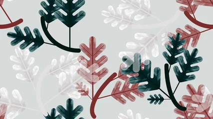 Behangcirkel Seamless pattern, green, red and white oak leaves with branch on light grey background © momosama