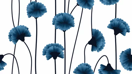 Poster Seamless pattern, dark blue carnation flowers with branch on light blue background © momosama
