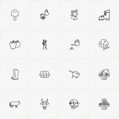 Farm line icon set with combine harvester, gloves and boots
