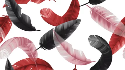 Wandaufkleber Seamless pattern, black, red and pink feathers on white background © momosama