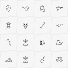Farm line icon set with wheelbarrow, gloves and hook