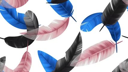 Meubelstickers Seamless pattern, black, blue and pink feathers on white background © momosama