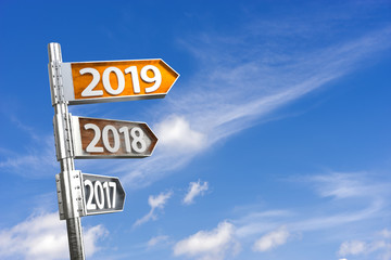 2019 direction sign with sky background. New year concept. 3D Rendering