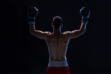 Back view of man boxer with raised hands in victory gesture. Concept of hard sport, glory and...