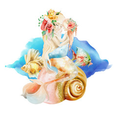 Beautiful watercolor mermaid mother with little baby mermaid sitting on a seashell with fishes and flowers, floral bouquets