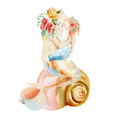 Beautiful watercolor mermaid mother with little baby mermaid sitting on a seashell with flowers, floral bouquets