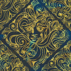 Beautiful ancient golden glitter victorian ornament on dark watercolor background seamless pattern