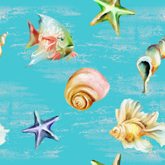 Fototapeta na wymiar Beautiful watercolor underwater, sea, seamless pattern with glitter. Fishes, seashells and starfishes on baby blue background