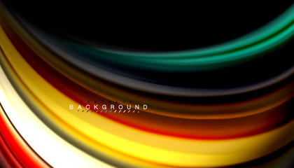 Fluid colors abstract background, twisted liquid design on black, colorful marble or plastic wave texture backdrop, multicolored template for business or technology presentation or web brochure cover