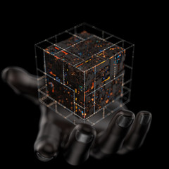 Modern machine design cube on the metal hand,the concept of core data blocks,3d rendering.The data is under control.