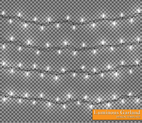 Color garland, festive decorations. Glowing christmas lights isolated on transparent background