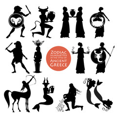 Silhouettes of zodiac signs in the style of ancient Greece isolated on white background - obrazy, fototapety, plakaty
