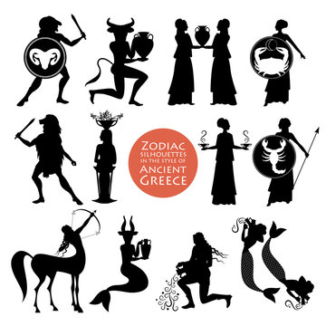 Silhouettes of zodiac signs in the style of ancient Greece isolated on white background