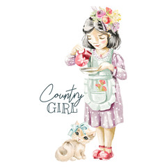 Cute watercolor farm, country girl with field flowers wreath, floral bouquet pouring milk in the bow for a cute kitten with bow