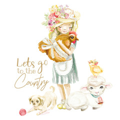 Cute watercolor farm, country girl in a straw hat with flowers, chicken, cute dog with toy and sheep