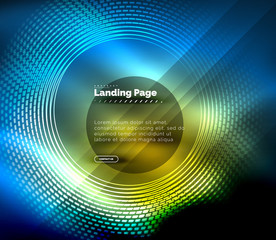 Neon glowing techno lines, hi-tech futuristic abstract background template with circles, landing page template