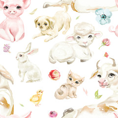 Cute watercolor farm animals - pig, dog (puppy), sheep, chicken, cat (kitten), bunny and cow with flowers seamless, tileable pattern on white background