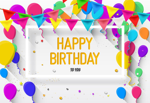 Happy Birthday Greeting Card with colorful balloons and confetti. Colorful balloons vector graphic. Vector Illustration of a Happy Birthday Greeting Card Design. Flat style concept.