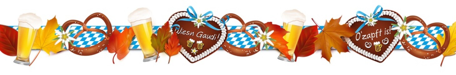 Oktoberfest Dekoration mit Lebkuchen, Herbstblätter, Brezeln, Bier und Rauten Banner