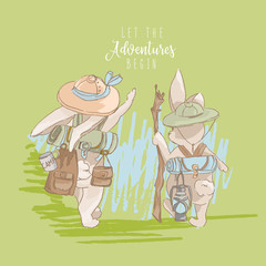 Cute little bunnies adventurers. Bunny travellers