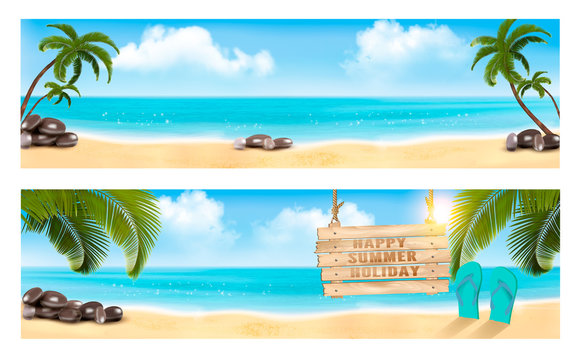 Summer vacation panorama. Two banners with beach and palm tree and blue sea. Vector.