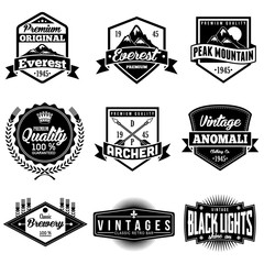 Fototapeta premium Set of classic company retro or old, vintage badges or banners, sign or logotype, labels and stickers with crown and star, ship steering wheel and anchor, glasses and moustache, laurel wreath