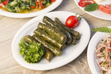 stuffed leaves on the plate with vegetable for service for restaurant concept from Turkey.