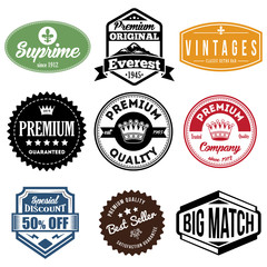 Set of classic company retro or old, vintage badges or banners, sign or logotype, labels and stickers with crown and star, ship steering wheel and anchor, glasses and moustache, laurel wreath