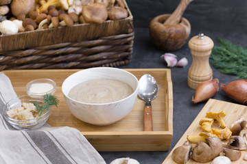 Mushroom cream soup with wild fungi, top view on dark textural background with fresh ingredients