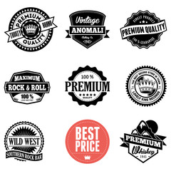 Set of classic company retro or old, vintage badges or banners, sign or logotype, labels and stickers with crown and star, ship steering wheel and anchor, glasses and moustache, laurel wreath - obrazy, fototapety, plakaty