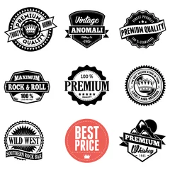 Poster Set of classic company retro or old, vintage badges or banners, sign or logotype, labels and stickers with crown and star, ship steering wheel and anchor, glasses and moustache, laurel wreath © anomalicreatype